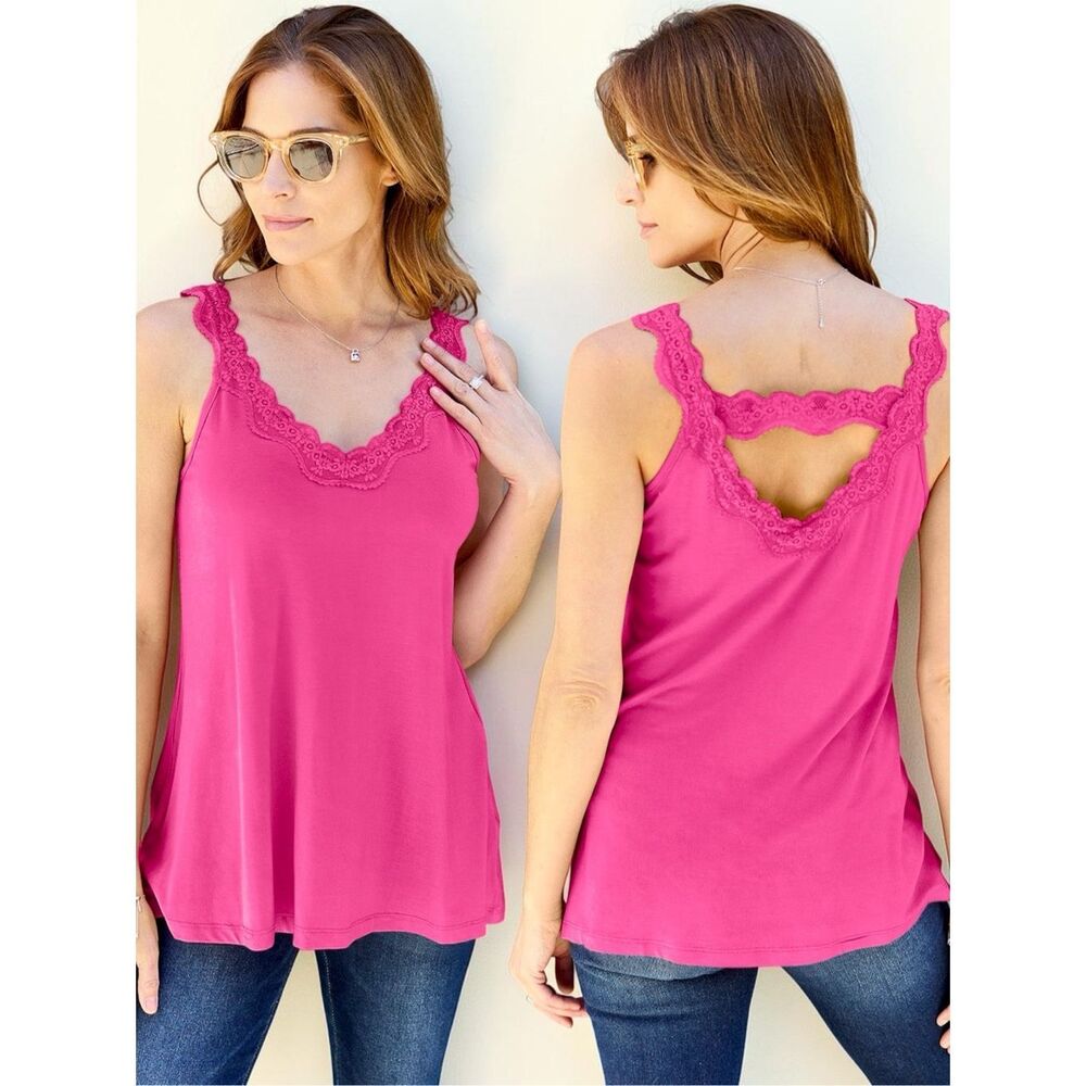 Fuchsia Pink Lace Trim Detail Tank Top Cutout Back Sleeveless Cami NWT